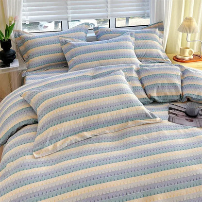 Cozy blue lavender and cream cotton stripe comforter cover with soft waffle texture in decorbites cotton stripe bedroom set