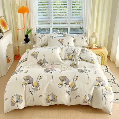 White duvet cover with gray and yellow poppy floral pattern on soft cotton in blue lavender cream cotton stripe comforter set