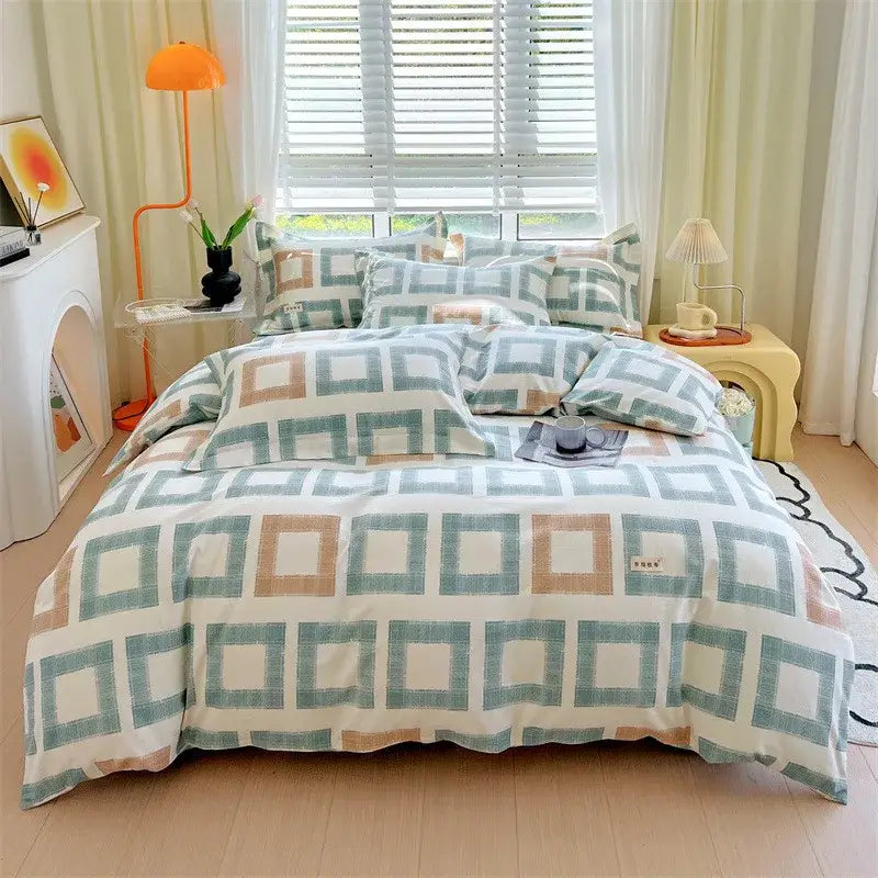 Blue lavender and cream cotton stripe comforter cover featuring geometric pattern in soft teal beige for bedroom decorbites cotton stripe set