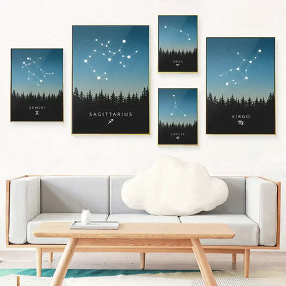 Set of five leo cancer zodiac canvas art with white star trails on blue gradient sky in gold decorbites frames