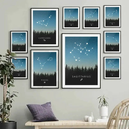 A set of blue leo cancer zodiac canvas art featuring white star constellations in sleek black frames for kids room decorbites leo cancer