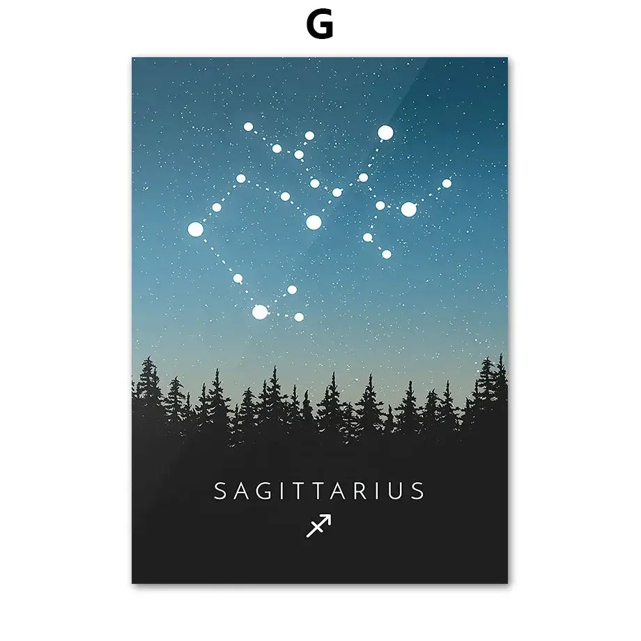 A sleek sagittarius constellation canvas art with white stars on a blue night sky suitable for leo cancer zodiac decorbites