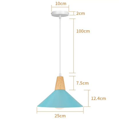 A blue matte metal pendant light with brass fixture featuring a turquoise shade and wood neck for kitchens decorbites blue nordic