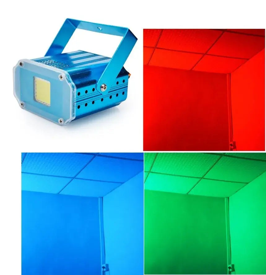 Blue metallic 20w rgb strobe light with handle emitting red blue and green beams for party room dj lighting fixture
