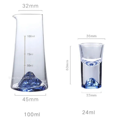 Clear glass decorbites blue sake ice jug set with blue mountain design and matching blue sake glass for dining room use