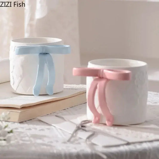 White ceramic saucer set with pastel blue and pink ribbon bows decorbites bowknot ceramic mug for dining room tea cup