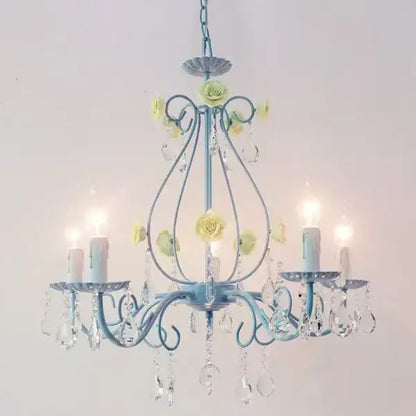Blue and pink crystal bouquet pendant light with delicate light blue wrought iron and yellow paper roses decorbites blue crystal