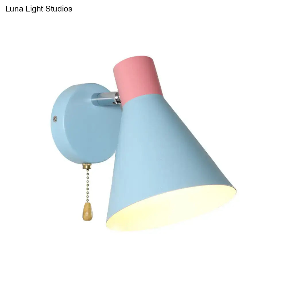 Pastel blue and pink two-tone direct wired wall light with matte metallic conical shade and wooden pull chain switch for e26 e27 sockets
