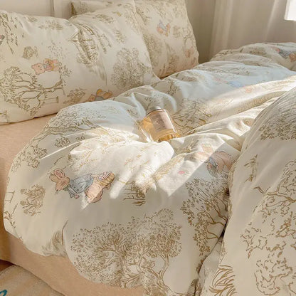Cream-colored decorbites cotton cartoon printed bedding set featuring pastel peter rabbit illustrations in woodland scene