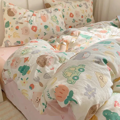 Cute pastel-colored blue poodle print bedding set with cotton cartoon printed animals vehicles and vegetables on white fabric