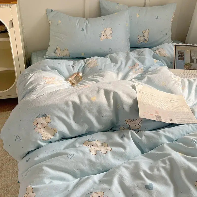 Light blue bedding set with soft plush texture featuring cotton cartoon printed puppies and hearts for bedroom decorbites cotton cartoon