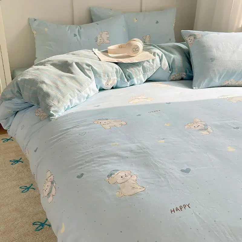 Light blue cotton cartoon printed bedding set with cute puppies hearts and happy text by decorbites for bedroom decor
