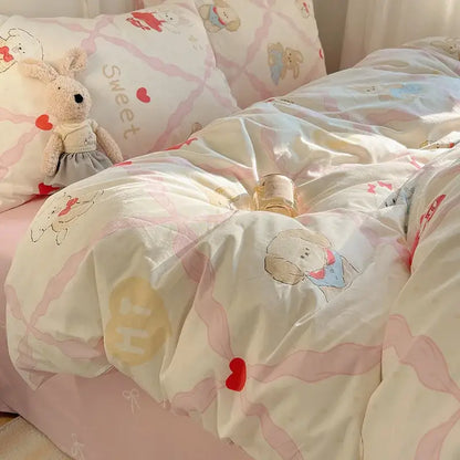 Pastel pink and cream bedding set with blue poodle cotton cartoon printed design and soft plush fabric by decorbites cotton cartoon