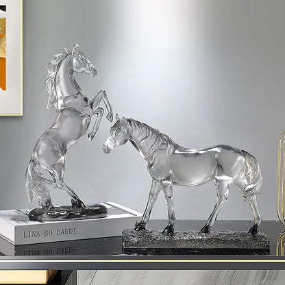 Transparent glass horse resin ornament with intricate detailing and glossy finish on dark base for decorbites horse decorbites horse resin
