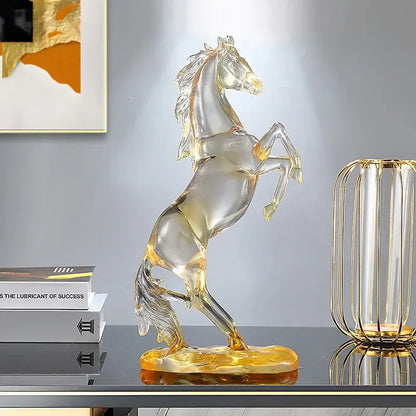 Transparent amber glass horse resin ornament with golden base for living room decorbites horse resin sculpture