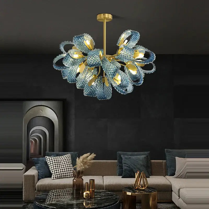 Blue queen crystal glass cascading chandelier with blue glass and gold accents for staircase lighting by decorbites blue queen