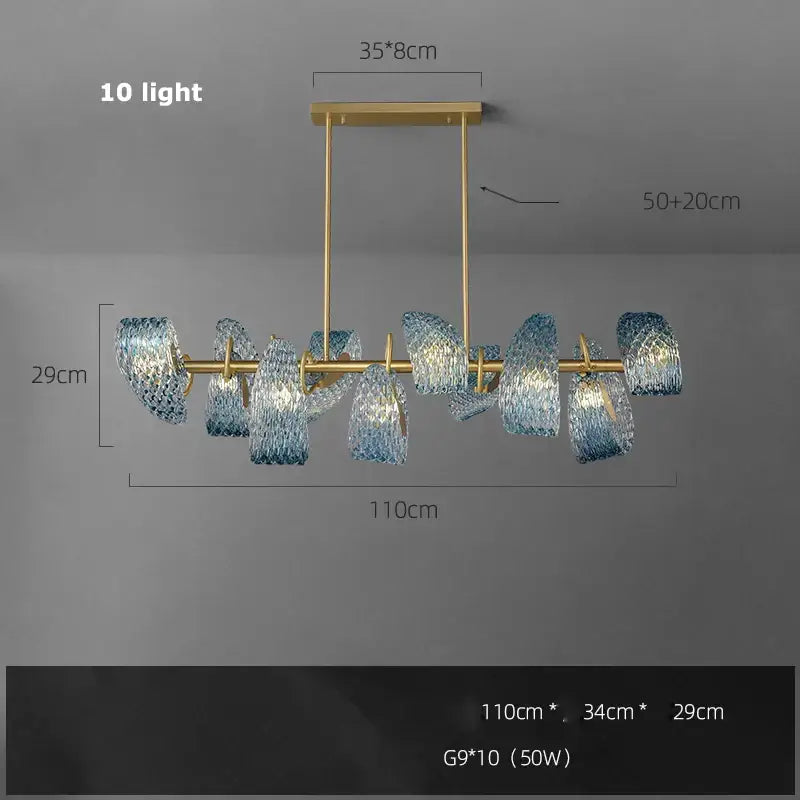 Modern blue queen crystal glass cascading chandelier with textured glass and gold-toned metal frame for staircase decor