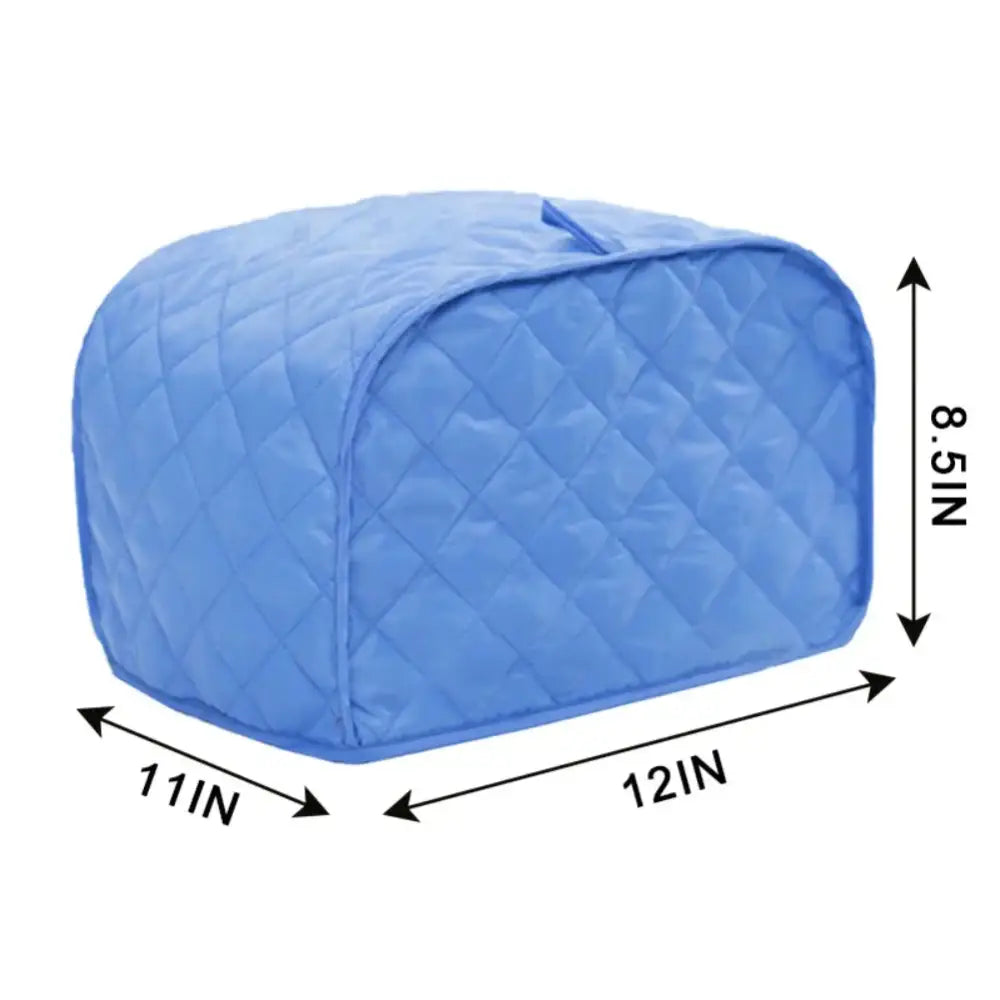 Blue quilted fabric slice toaster cover with diamond-stitched pattern and zipper closure for 4 slice toaster