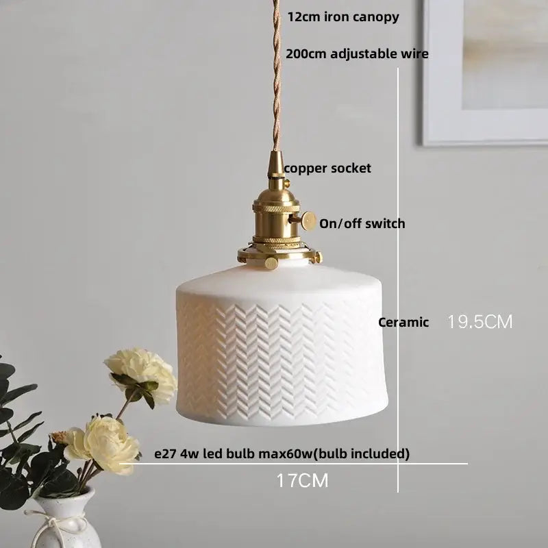 White ceramic led pendant lamp with textured herringbone pattern and brass copper socket by decorbites ceramic led