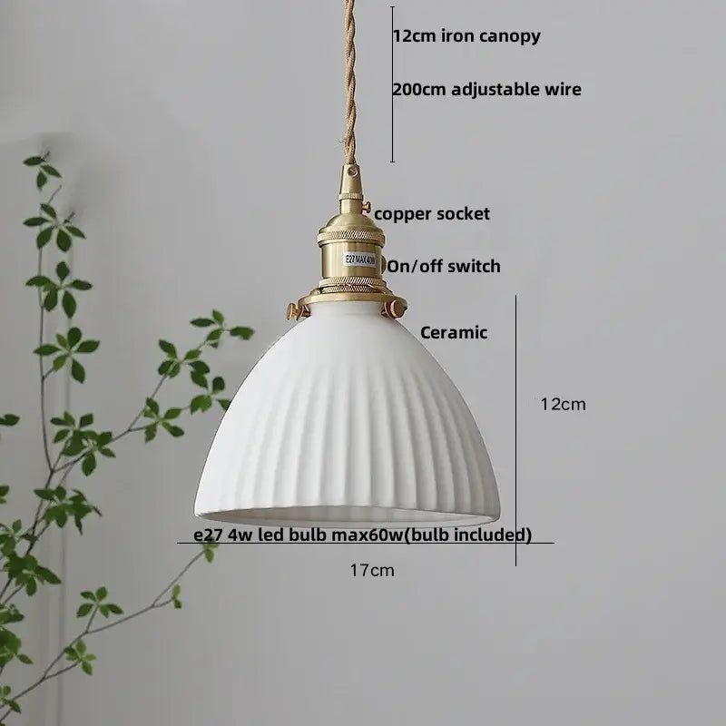 White ceramic led pendant lamp with fluted dome shade and brass accents from decorbites ceramic led collection