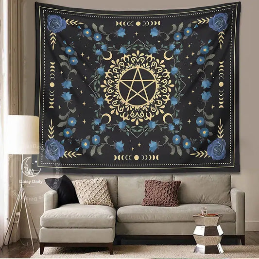 Black tapestry wall hanging featuring a golden pentagram blue rose moon floral patterns and moon phases decorbites blue rose