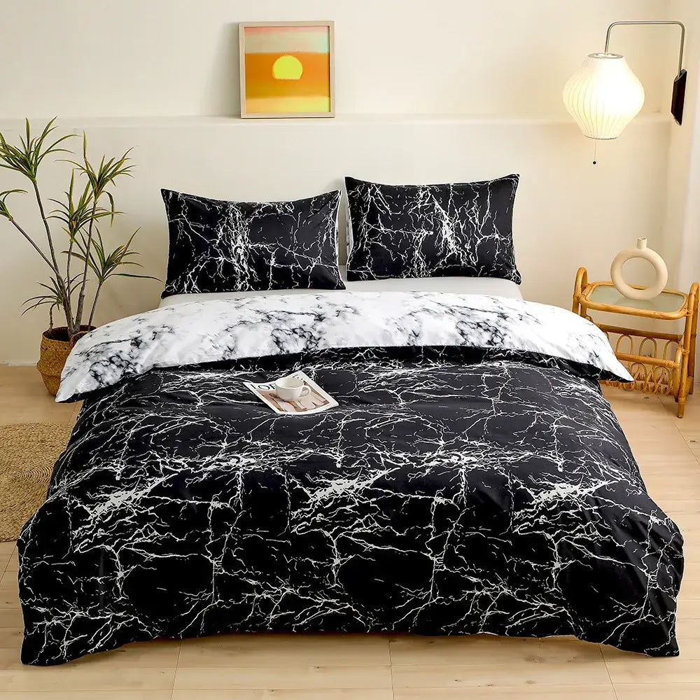 Black and white marble-patterned duvet cover set with sleek modern design for blue starry sky bedroom bedding
