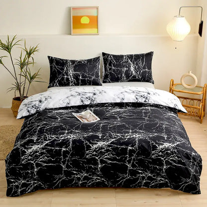 Black and white marble-patterned duvet cover set with sleek modern design for blue starry sky bedroom bedding