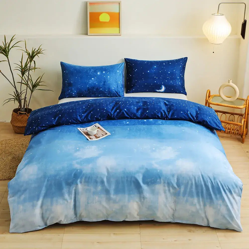 Blue starry sky duvet cover set featuring a gradient from deep to light blue with white star speckles for bedroom bedding