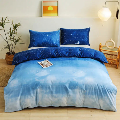 Blue starry sky duvet cover set featuring a gradient from deep to light blue with white star speckles for bedroom bedding