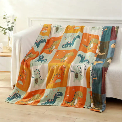 Blue teddy bear gauze cotton bath towel bedroom blanket with a plush cotton bath towel featuring colorful cartoon dinosaurs