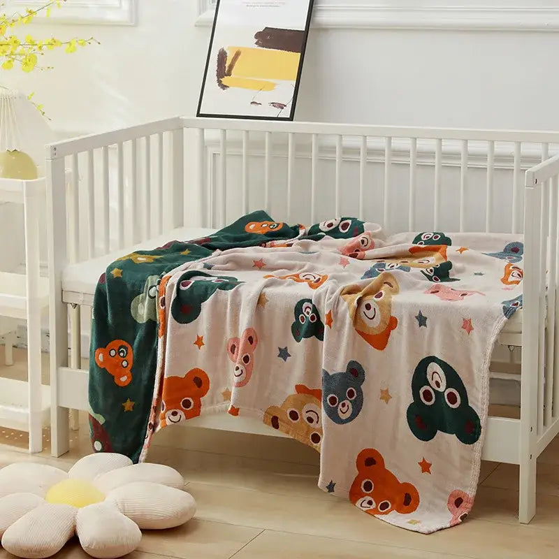 Soft gauze cotton bath towel in blue with colorful cartoon bears and stars plush bedroom blanket design