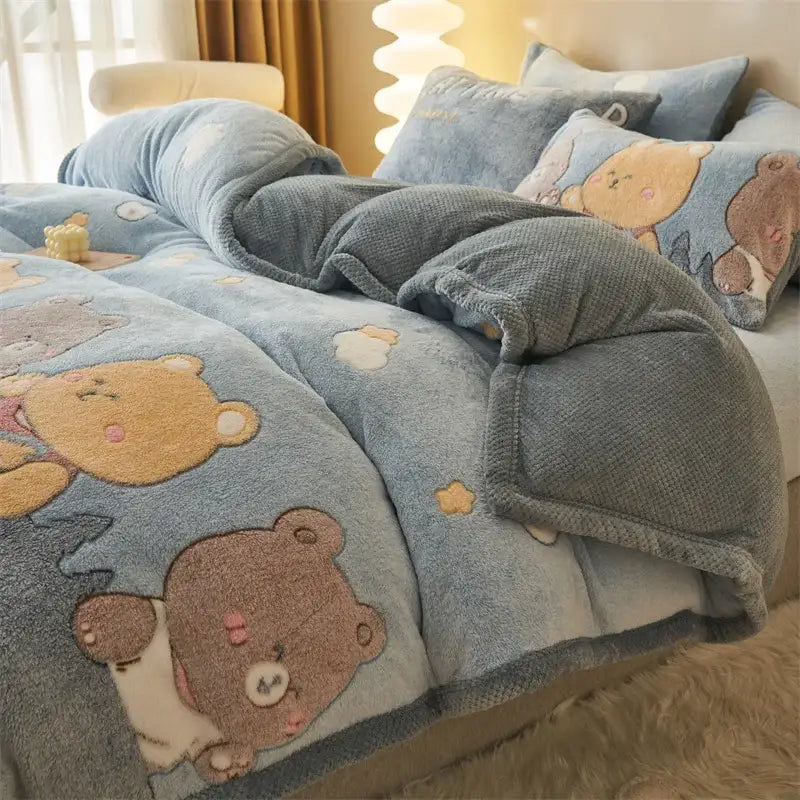 Blue teddy bear winter velvet duvet cover plush blanket with embroidered brown and beige teddy bears design