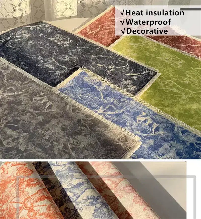A collection of decorbites cotton linen meal mats in various colors with fringed edges for dining room table use