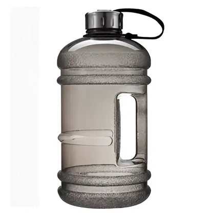 Gray translucent plastic sports water bottle with black looped cap for fitness gym and kitchen use