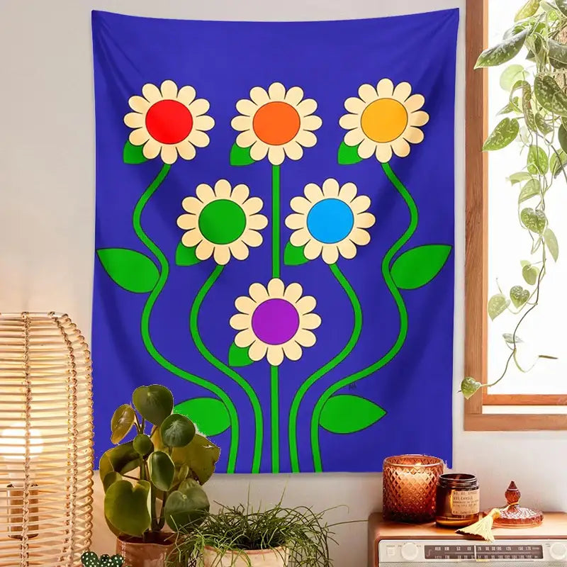 A decorbites blue vintage wall hanging featuring six stylized daisies with colorful centers for bedroom decor