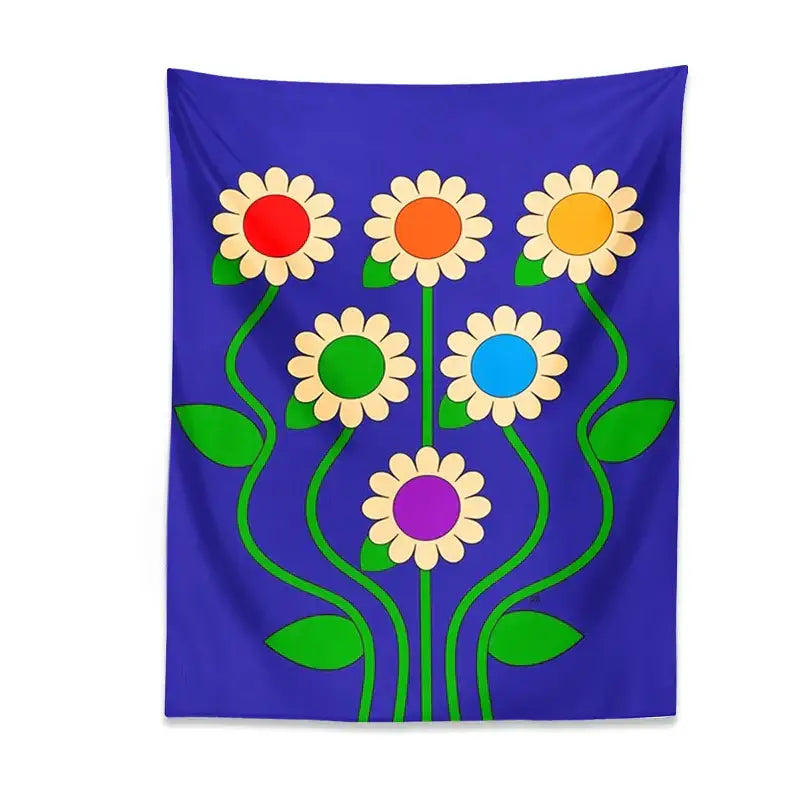 Blue vintage daisy wall hanging with six stylized daisies in vibrant colors for bedroom psychedelic decorbites decor