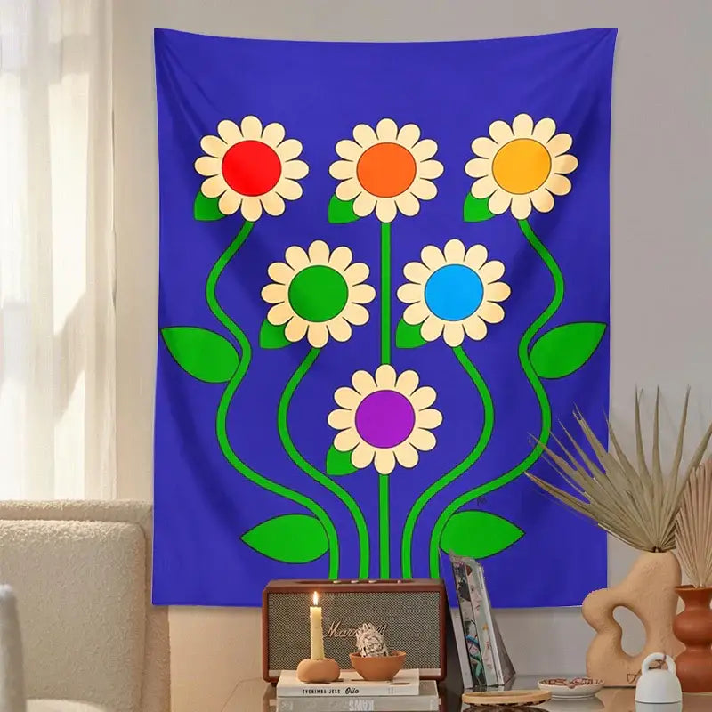 A decorbites blue vintage wall hanging featuring six stylized blue vintage daisy flowers with colorful centers