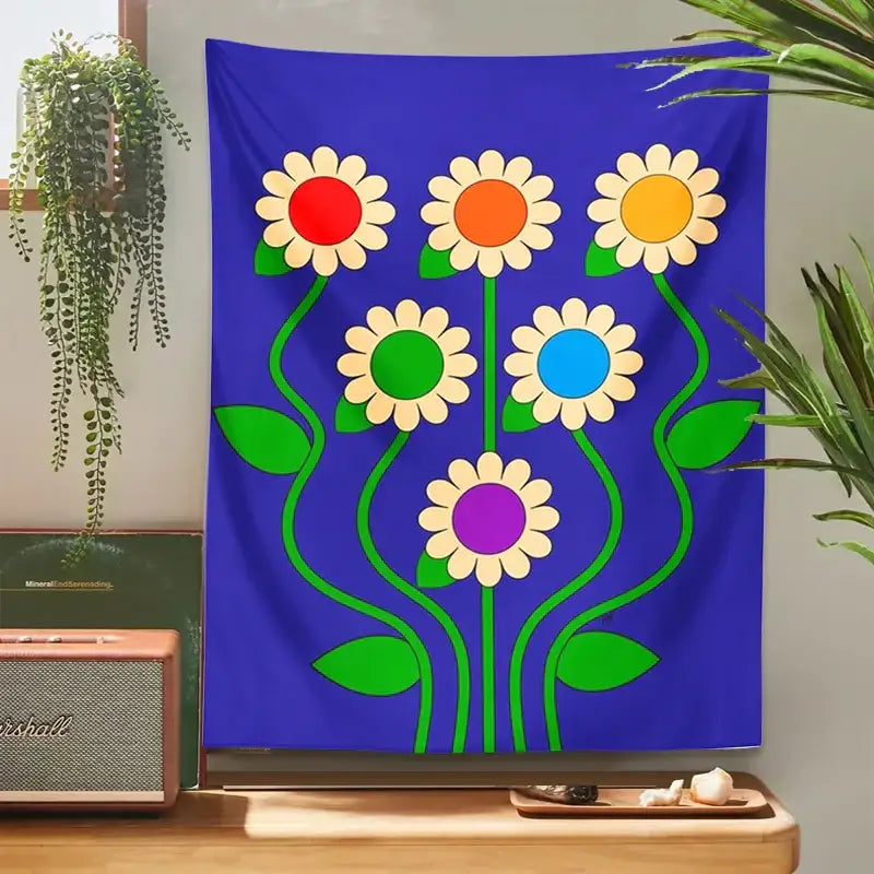 Blue vintage daisy wall hanging featuring vibrant six stylized daisies with colorful centers for bedroom decorbites blue vintage decor