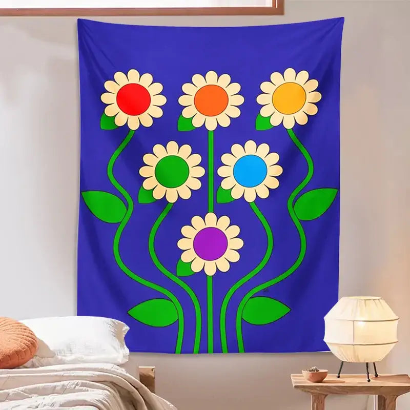 Blue vintage daisy wall hanging featuring vibrant blue tapestry with stylized colorful floral decorbites blue vintage design