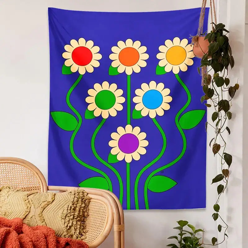 Vibrant wall hanging featuring a blue vintage daisy tapestry with psychedelic floral decorbites design for bedroom decor