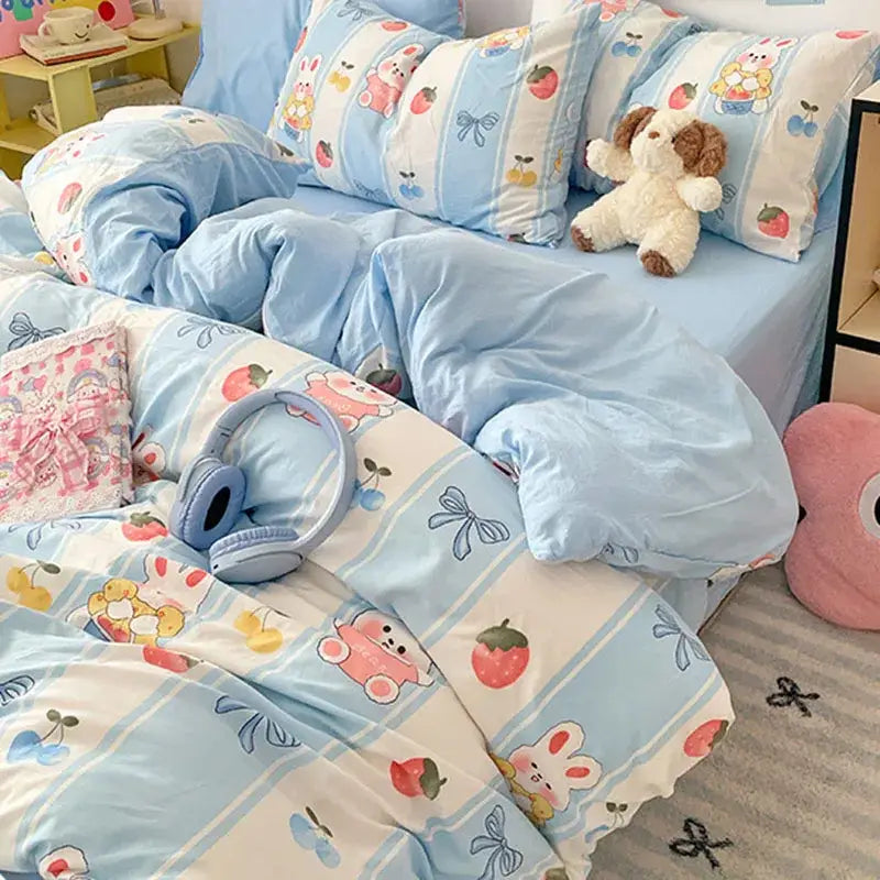 Blue and white bunny cloud cotton printed bedding sets featuring rabbits cherries and bows for bedroom decorbites cloud cotton