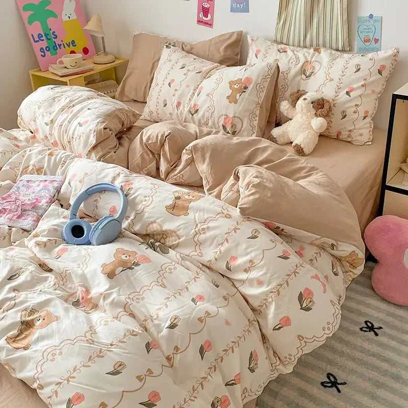 Cream-colored duvet set with embroidered teddy bears and pink flowers from decorbites cloud cotton printed bedding sets