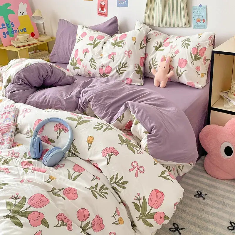 Blue and white bunny cloud cotton printed bedding sets with soft lavender white floral duvet and pink tulip quilted texture