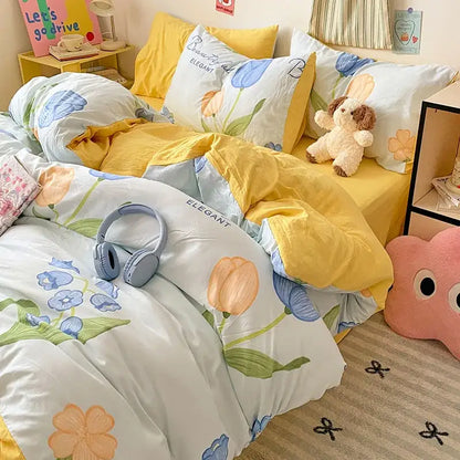 Pastel floral bedding sets with yellow and blue tulip prints on soft white decorbites cloud cotton fabric