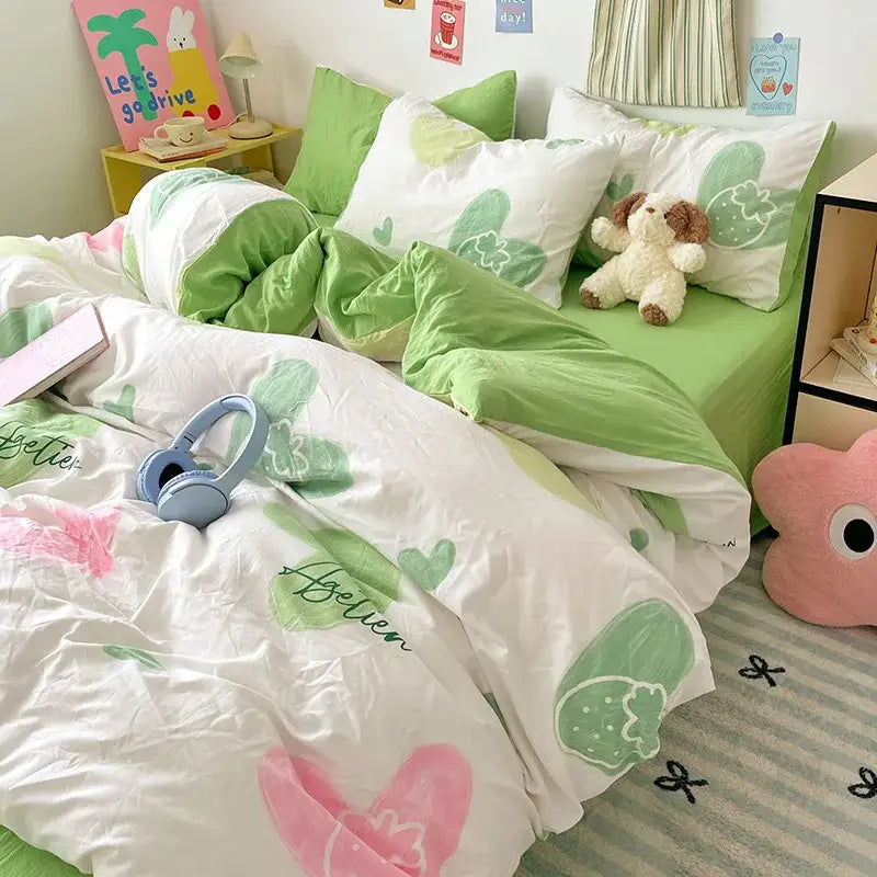 Blue and white bunny cloud cotton printed bedding sets featuring green and white strawberry-themed decorbites cloud cotton quilt set