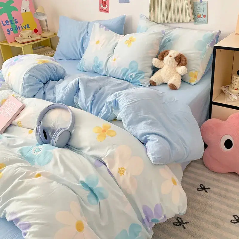 Pastel blue floral comforter set with soft cloud cotton printed fabric featuring yellow and lavender flowers bedroom quilt set