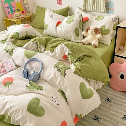Cute green and white dinosaur-themed bedding sets made of decorbites cloud cotton printed fabric for bedroom use