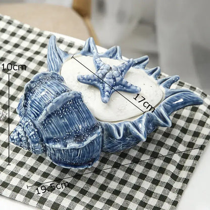 Blue and white ceramic marine life seashell soap dish with starfish decorbites ceramic marine bedroom decor tray