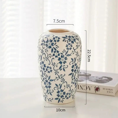 White ceramic vase with delicate blue floral patterns and smooth surface decorbites blue ceramic vase for living room decor