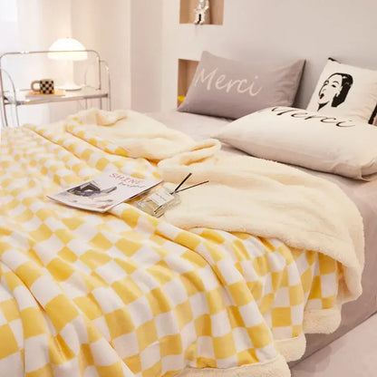 Cozy yellow and white checkered fleece double layer lamb wool checkered blanket for bedroom use